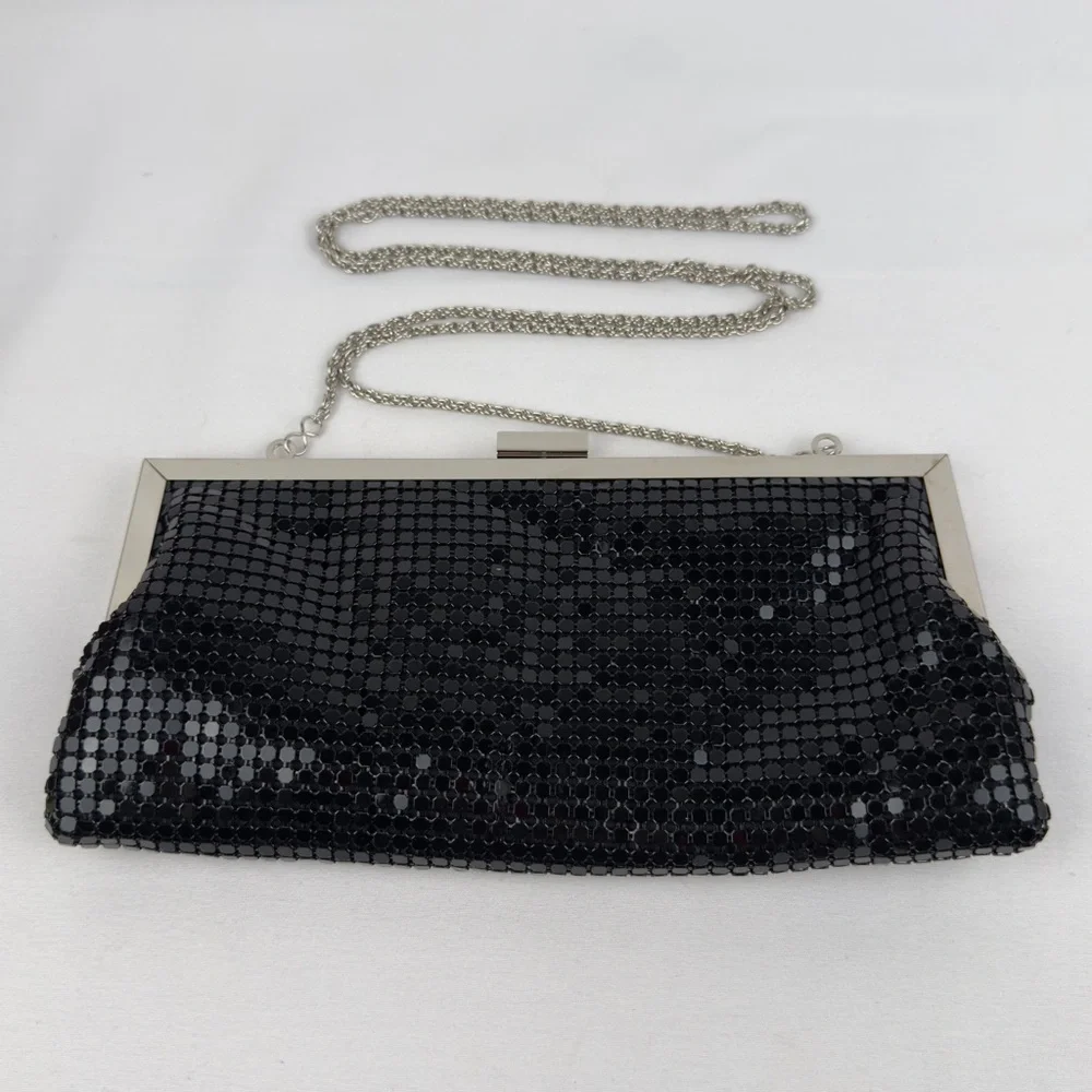 Black Metal Mesh Evening Clutch Silver Chain bebe